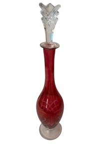 lot 387 image: Tall Ruby Red Glass Decanter with Stopper with Etched Design