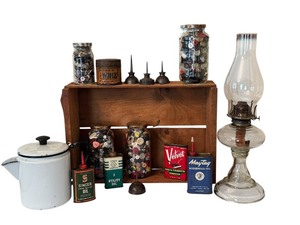 lot 406 image: Collection of Vintage Household Finds with Oil Lamp, Button Jars, Oilers, and Decor