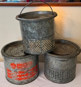 lot 397 image: Set of 3 Vintage Metal Minnow Buckets Assorted Styles
