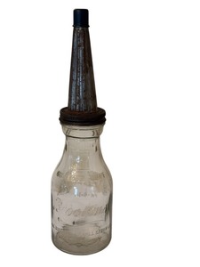 lot 45 image: Brookins Quart Glass Oil Bottle with Metal Spout, 15 Inches Tall