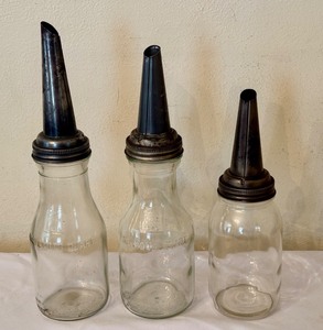 lot 484A image: Set of 3 Vintage Glass Mobil Oil Quart Dispensers with Metal Spouts