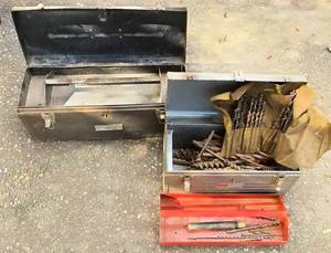 lot 640 image: Pair of Well-Loved Metal Tool Boxes, One with Drill Bit Collection