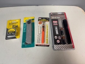 lot 49 image: New in Package - Stanley Power Lock Tape Measure, Wolfcraft Utility Knife, Telescoping Magnetic Pickup Tool, Mini Maglite Pro Led Flashlight