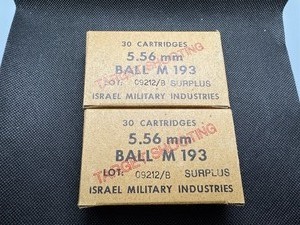 lot 19 image: 5.56 MM Israel Ammunition.  2 Boxes. 30 Per Box.