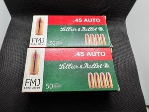 lot 20 image: .45 Auto FMJ Lellier & Bellot. Two Boxes.  50 Rounds per Box.