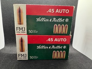 lot 77 image: .45 Auto FMJ Lellier & Bellot. Two Boxes.  50 Rounds per Box.