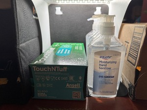 lot 82 image: Box of 100 Large Nitrile Gloves and Five 12 oz Bottles of Equate Hand Sanitizer