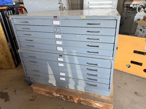lot 21 image: Safeco Flat Filing Cabinet (10 Drawers - 2 sections of 5 each, with Stand) 46.5 x 35.5 x 39.5