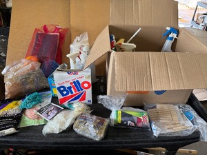 lot 45 image: Cleaning Supplies Spray bottles, Pot cleaners, Scotchbrite Soap pads, Steel wool, etc.