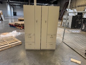 lot 57 image: Pair of Steelcase Storage Lockers, Left and right Oriented. Each measure 67X 24X24 (Open shelving on outside of each locker as pictured)