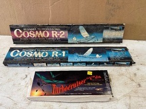 lot 84 image: Cosmo R1 Rubber Powered Model Plane Assembly Kit (R1 and R2) and Turbo Cruiser Wood Plane. (3 Planes)