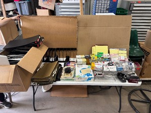 lot 95 image: Large Lot of Office SuppliesStorage Writing Pads, 3-Ring Binders, Binder Clips, File Folders, Tape, Staples, Staplers, Metal Racks and Holders