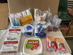 lot 97 image: Assortment of Paper, Plastic and Insulated Cups with Lids, Foam and Paper Plates, Napkins and Plastic Cutlery