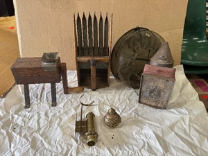 lot 99 image: Antique Wooden Manual Motor Rewinder, Antique Cranberry Scoop (1940s), Antique Bee smoker, Antique Brass Railway Train Candle