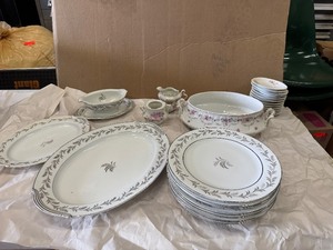 lot 109 image: Noritake Glendon China (8 Plates and 3 Serving Dishes) and additional China Pieces (Soup Tureen from Germany, Cream and Sugar Set, Saucers from Bavaria)