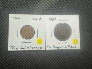 lot 14 image: (2) Tougher Find World Coins. 1883 Portugal X REIS and 1966 Trinidad & Tobago Penny, Both Average Circulation