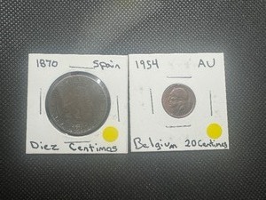 lot 27 image: 1870 Spanish Diez Centimos and AU 1954 Belgian 20 Centimes