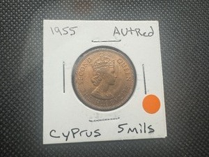 lot 48 image: 1955 AU Red Cyprus 5 Mils. Very slightly wear, beautiful coin.