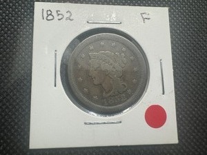 lot 49 image: 1852 Braided Hair Large Cent - Fine. No damage, excellent rims, appears uncleaned.