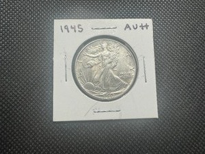 lot 55 image: 1945 AUMS Walking Liberty Half Dollar. Likely MS slider. Excellent Condition. Even the eagles breast shows essentially no wear, uncleaned.