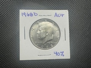 lot 58 image: 1968 D AU 40% Silver Kennedy Half Dollar. Closer to AUMS Slider. Very few bag marks, very little wear, full mint luster.