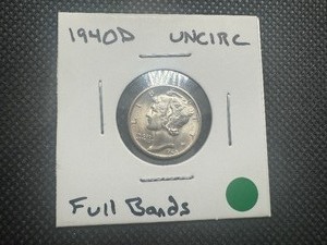 lot 64 image: 1940 D Uncirculated Mercury Dime. Satin Luster, Full Bands, Near FSB, Problem Free.