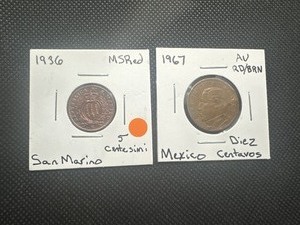 lot 78 image: (2) AUMS World Coins. 1936 MS Red San Marino 5 Centersimi and 1967 AU Mexican Diez Centavos.