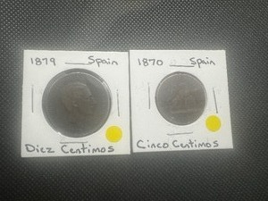 lot 93 image: (2) 19th Century Spanish Coins. 1870 Cinco and 1979 Diez Centimos