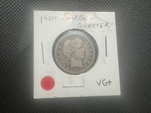 lot 94 image: 1904 VG Barber Quarter. Problem free, striking patina.
