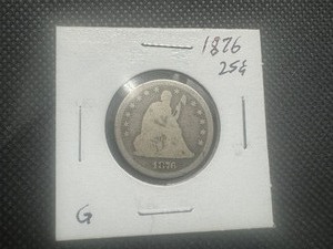 lot 97 image: 1876 Seated Liberty Quarter. Never cleaned. Full Rims. Honest patina. 3 Dents on eagles breast but otherwise trouble free.