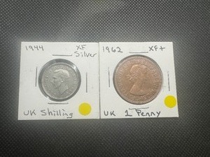 lot 112 image: UK 1944 Silver Shilling and 1962 Penny