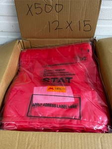 lot 15 image: MSRP $300  1 Case (500 each) NEW Cardinal Health AD12X15RDG 12 x 15 Specimen Transport Bag