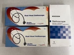 lot 69 image: Lot of 3 New Mixed Brand Stethoscopes (McKesson, TechMed) Dual-Head Quality Professional, Non-Chill Adjustable Binaurals - Excellent Condition