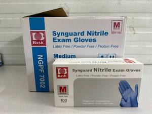lot 90 image: MSRP $120  1 Case (1000 each) NEW Basic NGPF 7002 Synguard Latex-Free Powder-Free Protein-Free Nitrile Exam Gloves - Size Medium