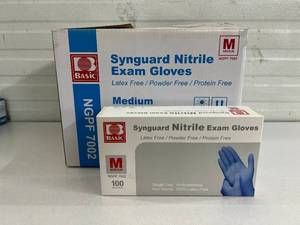 lot 91 image: MSRP $120  1 Case (1000 each) NEW Basic NGPF 7002 Synguard Latex-Free Powder-Free Protein-Free Nitrile Exam Gloves - Size Medium