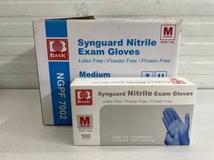 lot 93 image: MSRP $120  1 Case (1000 each) NEW Basic NGPF 7002 Synguard Latex-Free Powder-Free Protein-Free Nitrile Exam Gloves - Size Medium