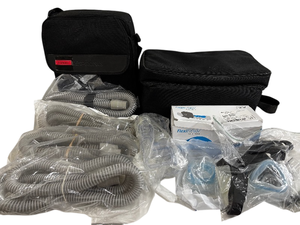 lot 36 image: Lot of CPAP Sleep Apnea Device Hoses, Tubes, Velcro Ties, and Masks with Carry Bags - Excellent Condition