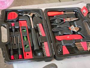 lot 800 image: Tool Set - Hammer, Level, Screwdrivers, Driver Bits, Pliers, Wrenches, Utility Knife, Tape Measure with Case