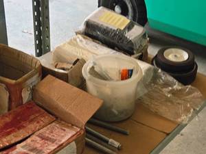 lot 833 image: Assorted Hardwares - Nuts, Hooks, Fasteners, Wheels, Poly Sheeting, Caster Wheels, Rollers, Threaded Rods, Dispenser