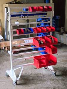 lot 860 image: Rolling Parts Organizer Rack with (36) Assorted Plastic Storage Bins, Contents of Bins