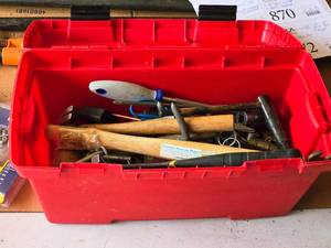 lot 868 image: Plastic Tool Box with Assorted Hand Tools - Hammers, Handles, Screwdrivers, Mallet, Scissors, Adjustable Wrench, Putty Knife, Measure Stick, Sockets, Harware