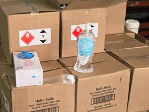 lot 1009 image: Lot of (5 Boxes) Hello Bello Hand Sanitizer Gel 32-oz Bottles 12-count ( 60 total items )