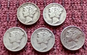 lot 23 image: (5) Mercury Dimes