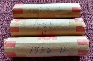 lot 90 image: (3) Wheat Penny Rolls - 1954-D 1955-D 1956-D