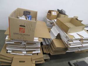 lot 144 image: Pallet of envelopes, file storage boxes and other office supplies