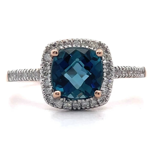 lot 37 image: NEW London Blue Topaz & PavNatural Diamond Halo Ring in 14k Rose Gold $1,000 Retail VIDEO