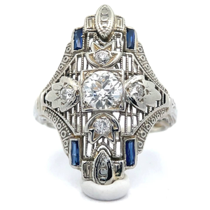 lot 13 image: Vintage Estate Fine Design 0.93 Carat Natural Diamond & Sapphire 1930s Estate Art Deco Ring in 18k White Gold $5,999 Retail VIDEO