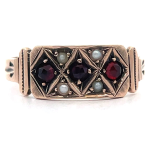 lot 19 image: Antique Estate Garnet & Seed Pearl Circa 1895 Victorian Estate Ring in 9k Yellow Gold $2,150 Retail VIDEO