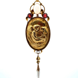 lot 12 image: Antique Estate 2 Carat Antique 1910s Estate Art Nouveau Handmade Angel  Cherub Opal, Garnet, Pearl Necklace in 14k Yellow Gold $5,645 Retail VIDEO