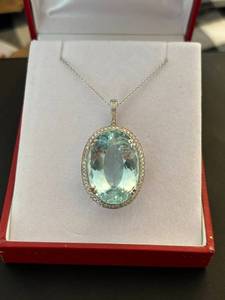 lot 4 image: 26 Carat Aquamarine & Natural Diamond Oval Pendant Estate Necklace in 14k White Gold $12,875 Retail VIDEO